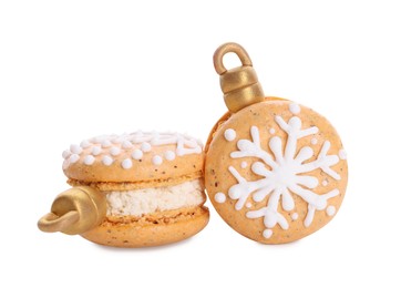 Beautifully decorated Christmas macarons on white background