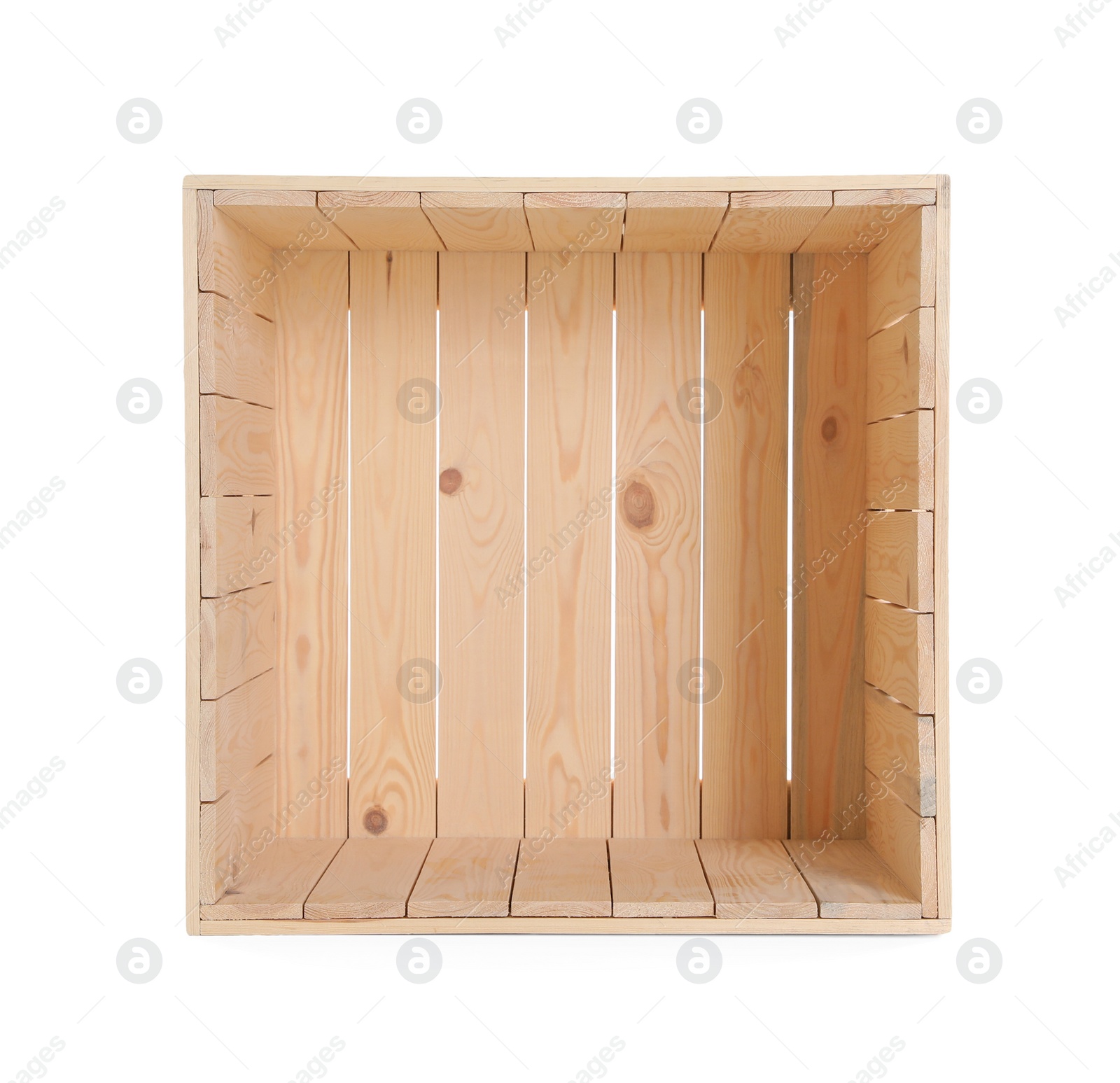 Photo of Open empty wooden crate isolated on white