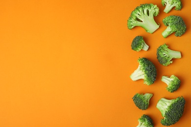 Photo of Flat lay composition with fresh green broccoli on color background. Space for text