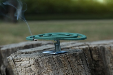 Photo of Smouldering insect repellent coil on tree stump outdoors