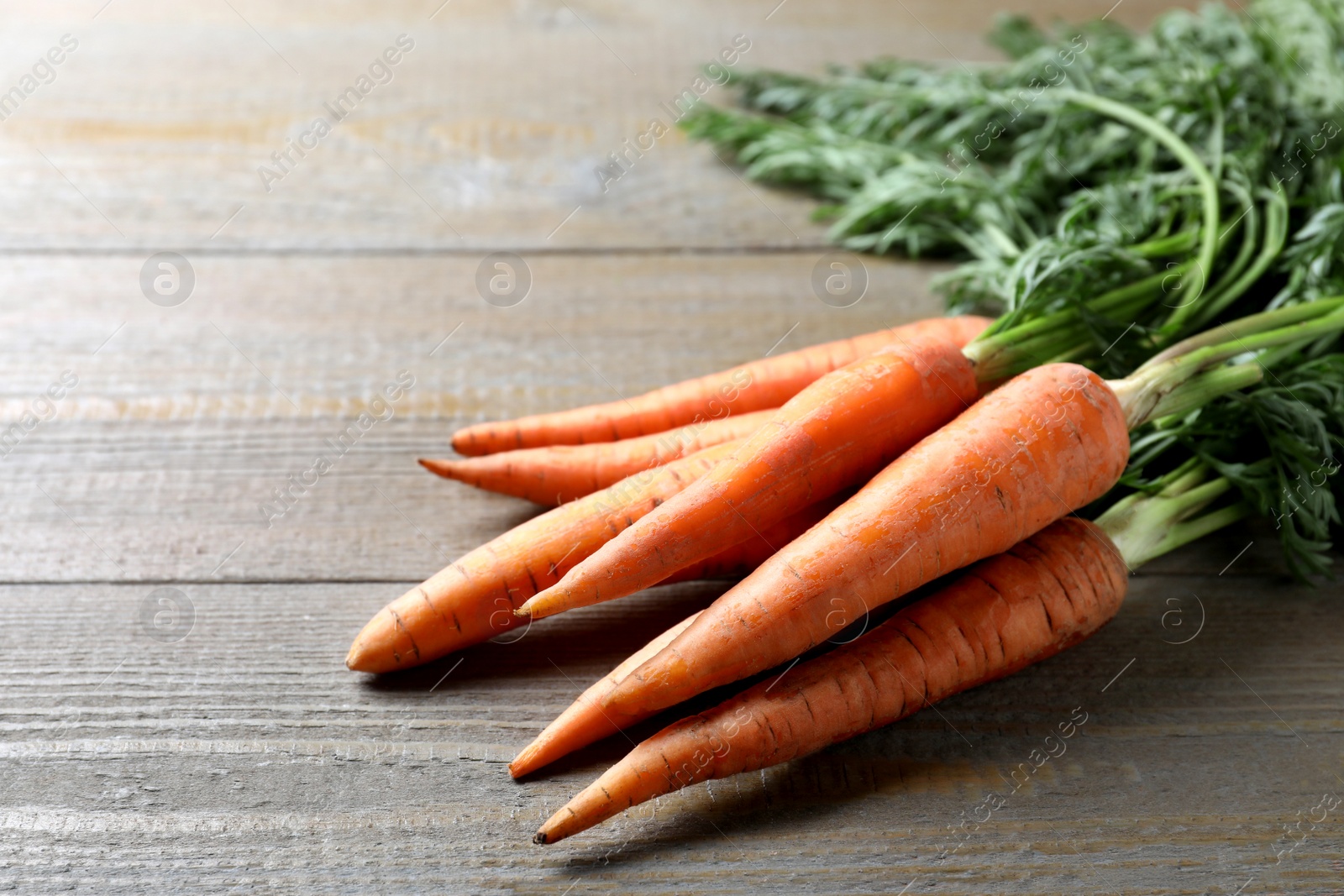 Photo of Fresh ripe carrots on wooden table, closeup