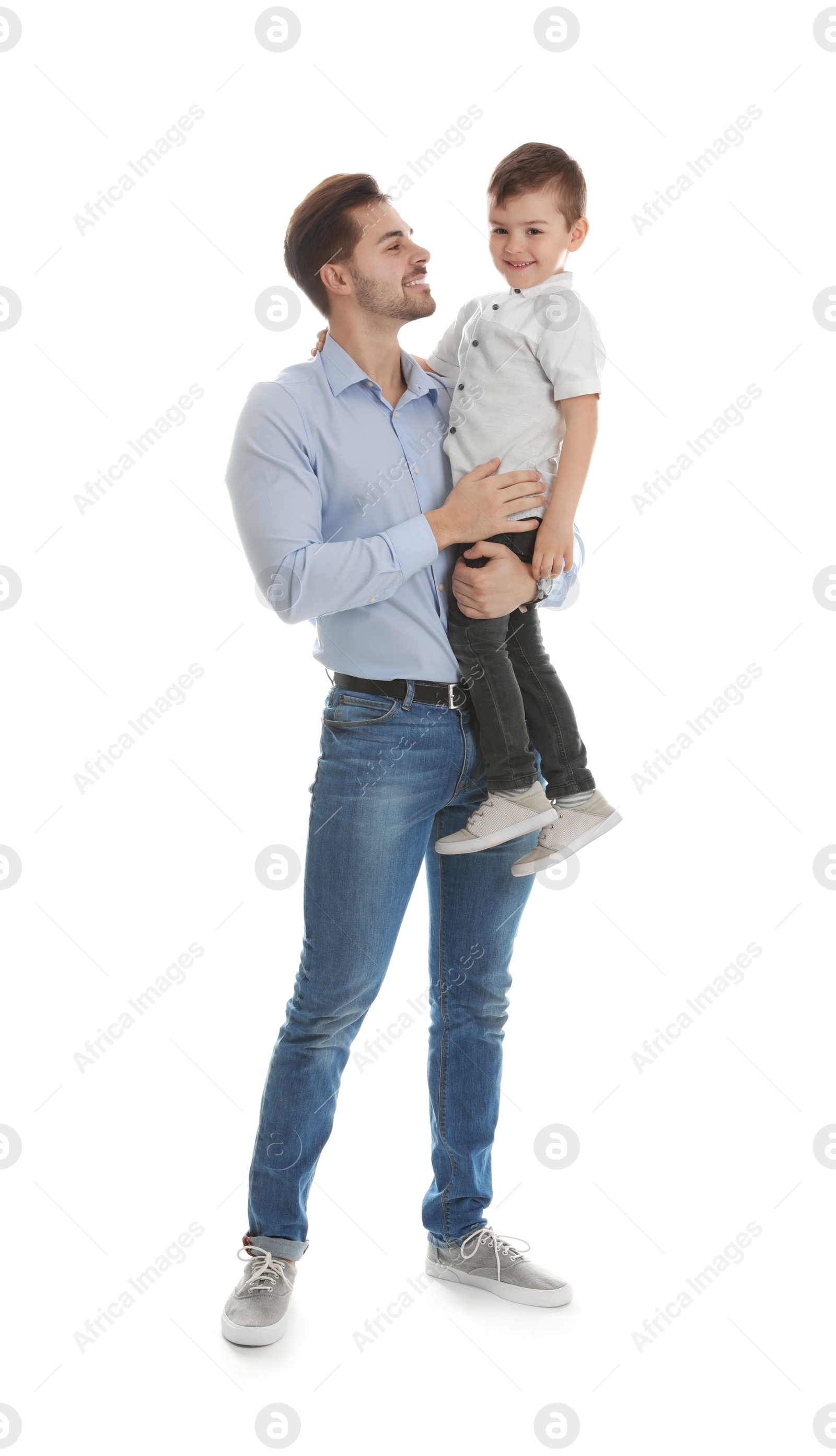 Photo of Portrait of dad and his son isolated on white