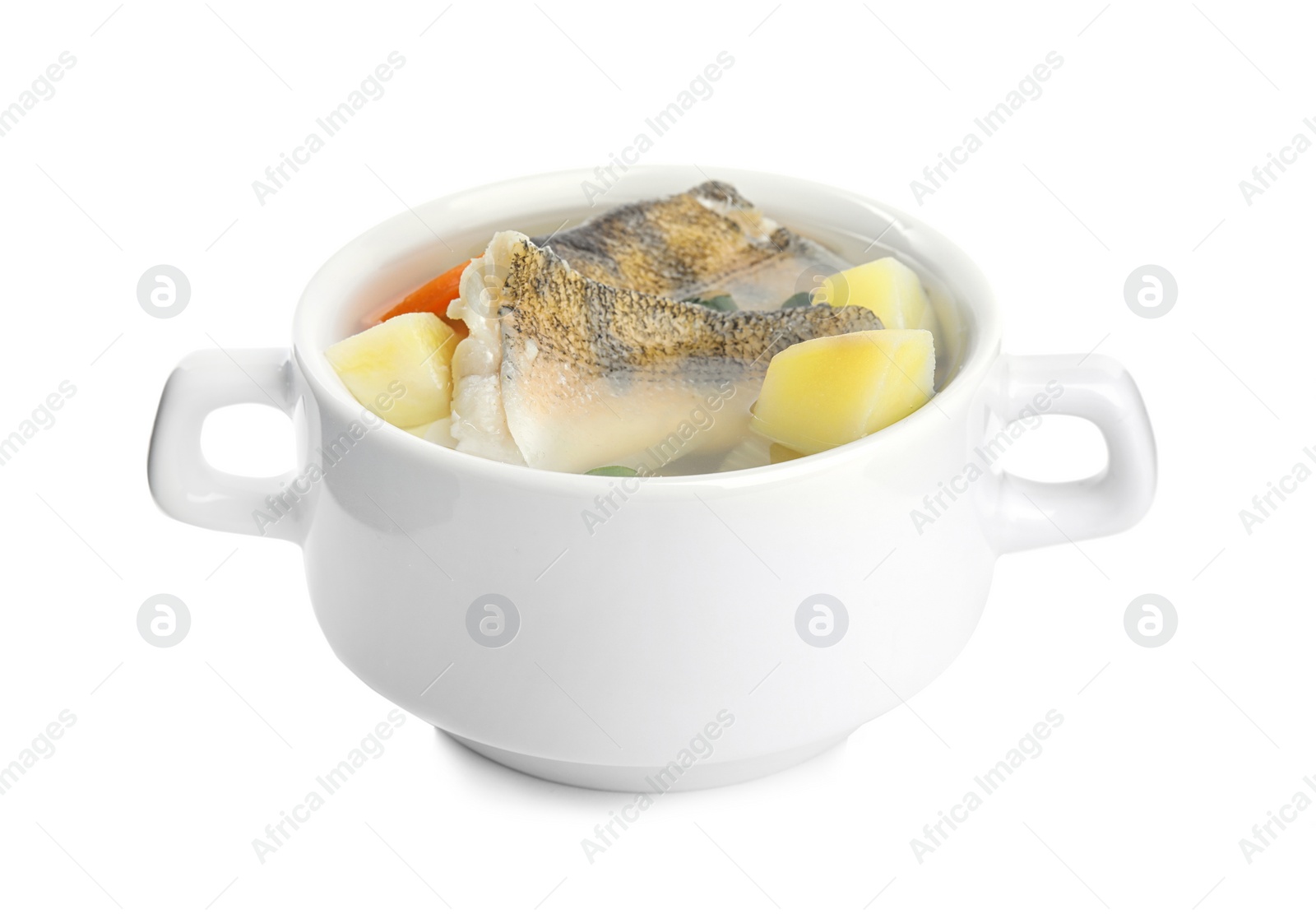 Photo of Delicious fish soup in bowl isolated on white