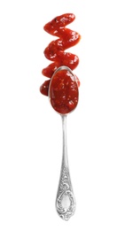 Delicious tomato sauce and spoon on white background, top view