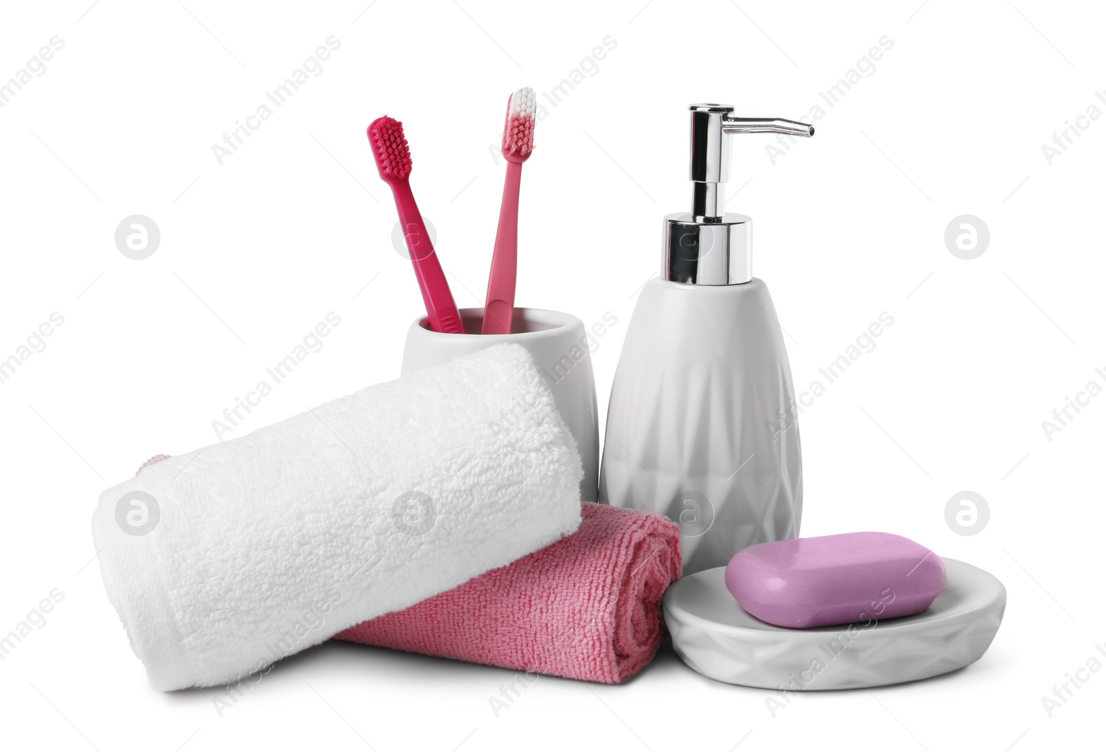 Photo of Bath accessories. Set of different personal care products isolated on white