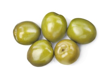 Photo of Many fresh green olives on white background, top view