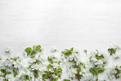 Photo of Flat lay composition of beautiful fresh spring flowers on wooden background, space for text