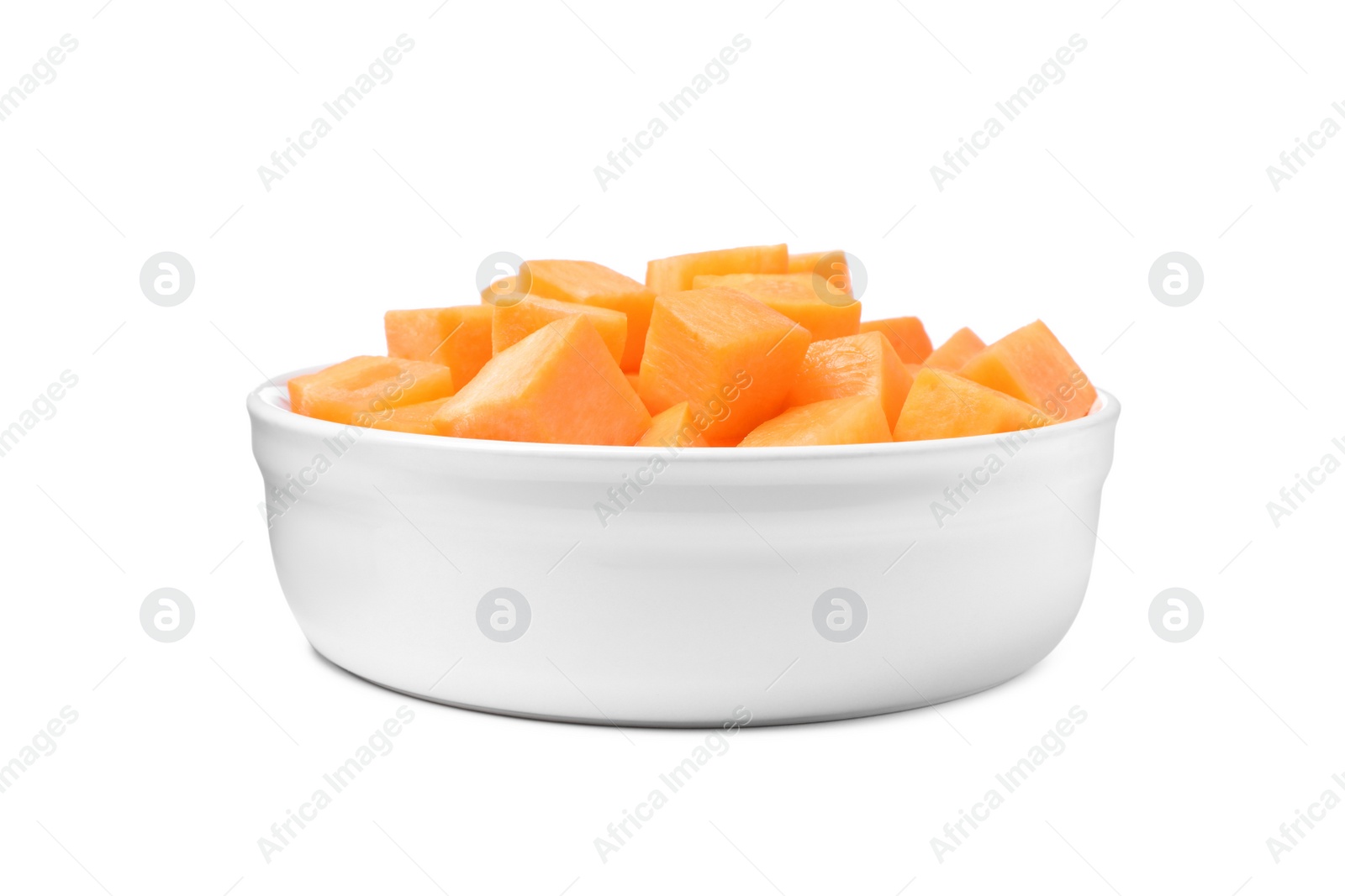 Photo of Bowl of delicious diced carrots isolated on white