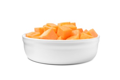 Bowl of delicious diced carrots isolated on white