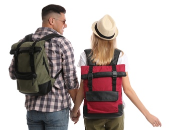 Photo of Couple with backpacks on white background, back view. Summer travel