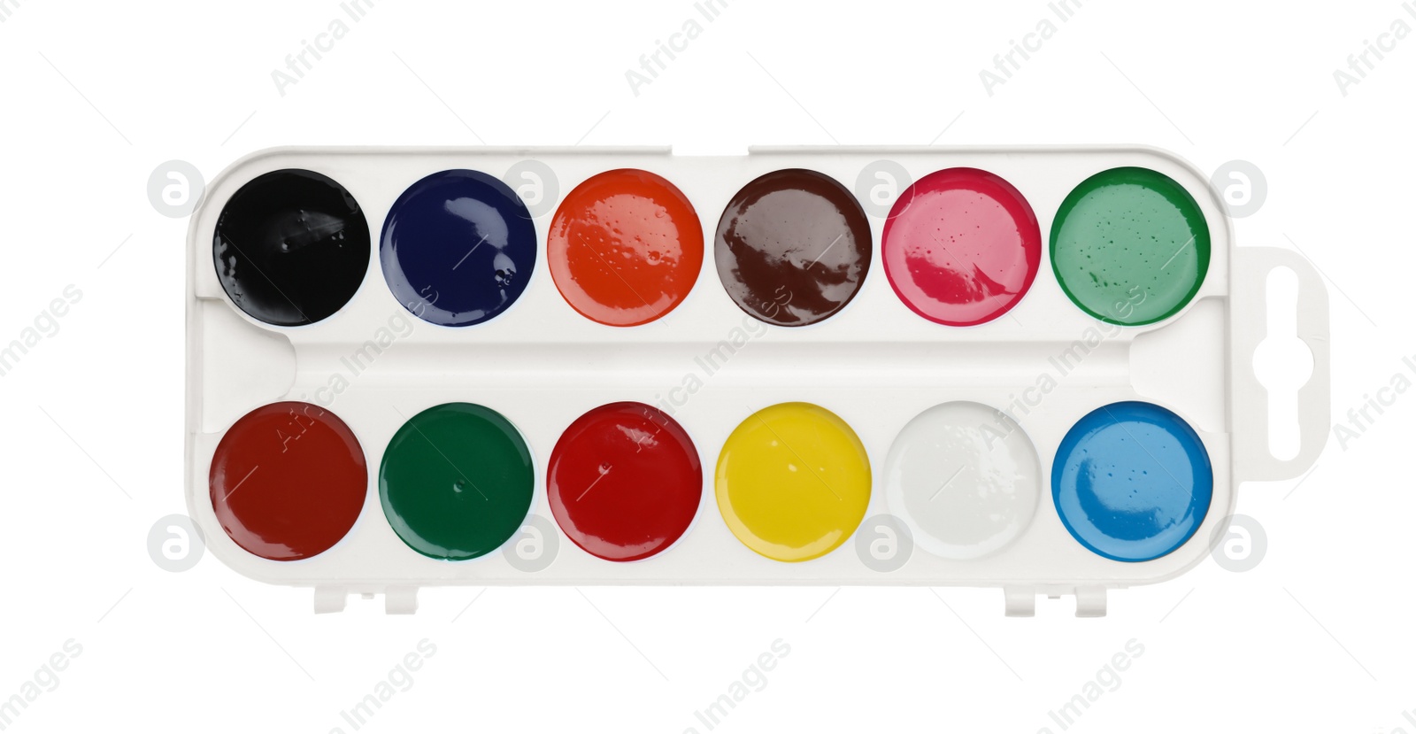 Photo of Plastic watercolor palette isolated on white, top view. School stationery