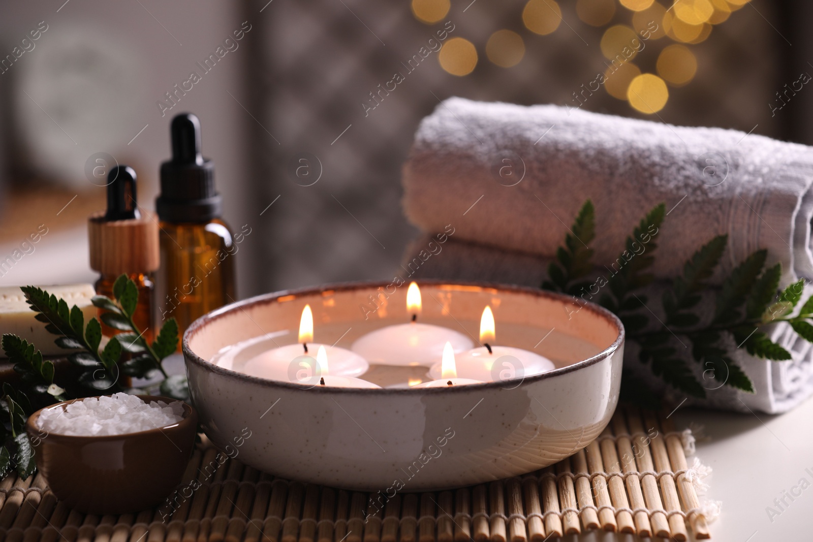 Photo of Beautiful composition with different spa products on table, closeup