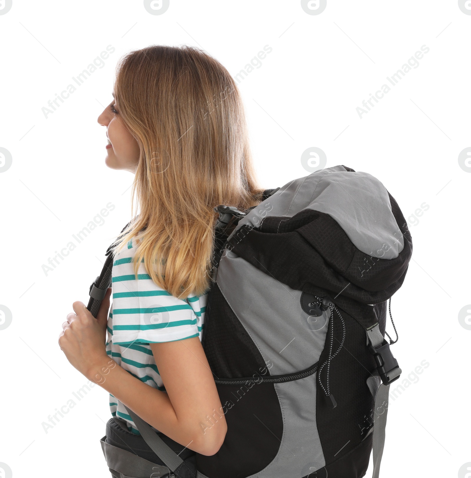 Photo of Woman with backpack on white background. Summer travel