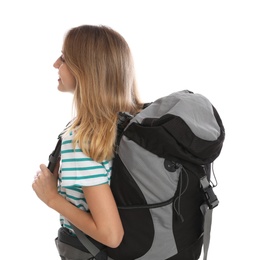 Woman with backpack on white background. Summer travel