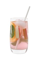 Photo of Glass of tasty rhubarb cocktail with orange isolated on white