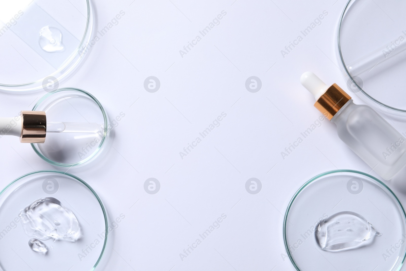 Photo of Petri dishes with samples of cosmetic serums, pipette and bottle on white background, flat lay. Space for text