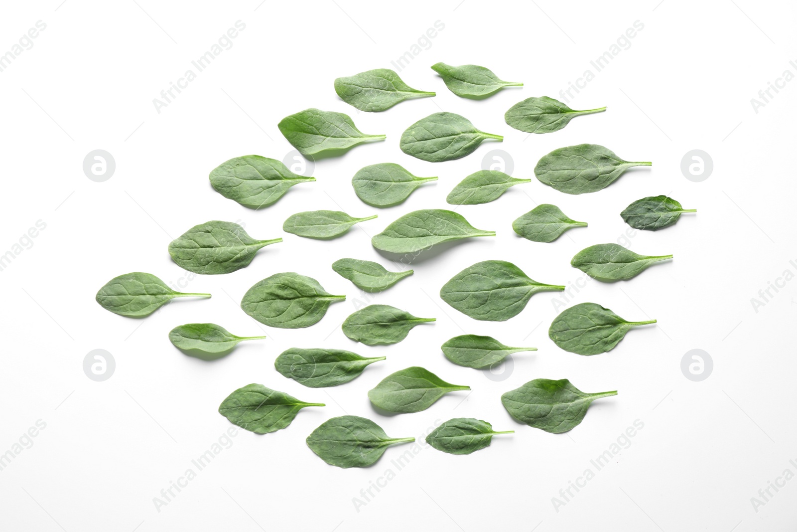 Photo of Fresh green healthy spinach leaves on white background, top view