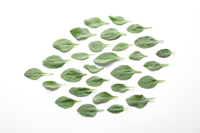 Photo of Fresh green healthy spinach leaves on white background, top view