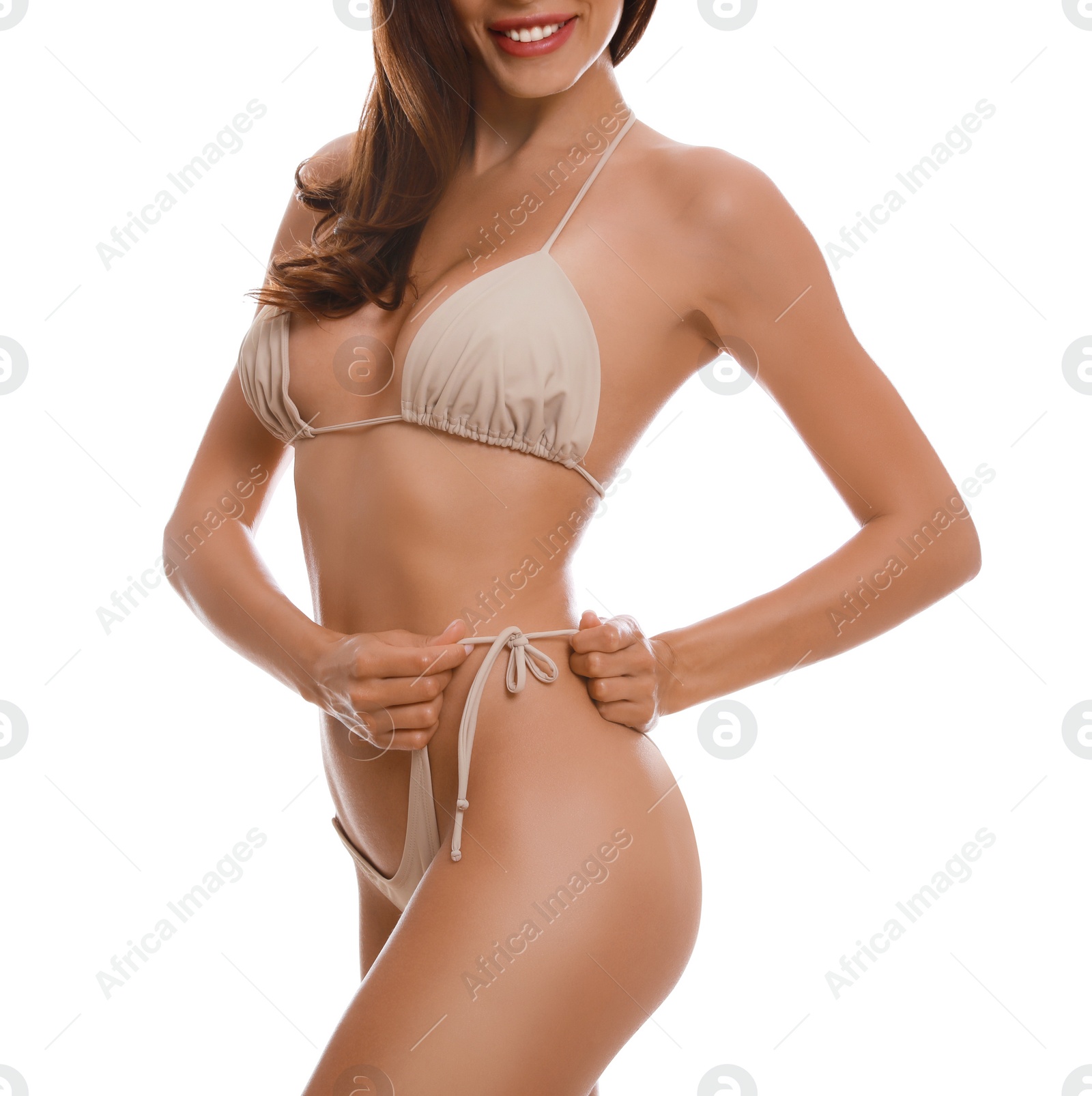 Photo of Woman in stylish bikini on white background, closeup