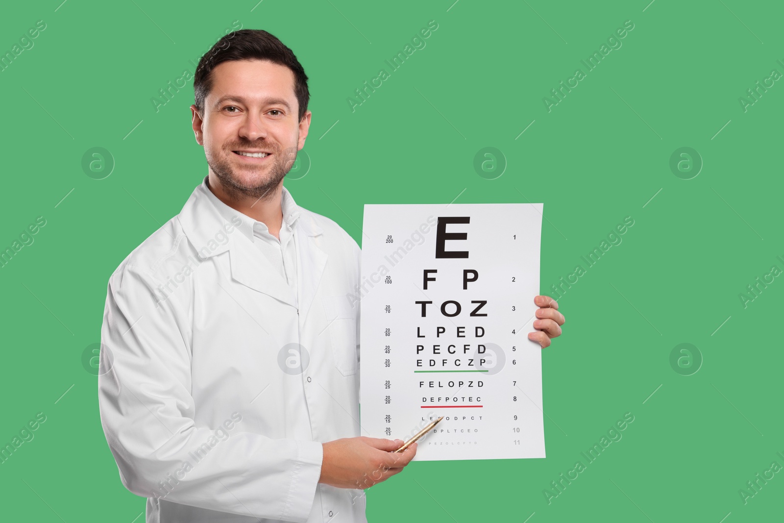 Photo of Ophthalmologist pointing at vision test chart on green background