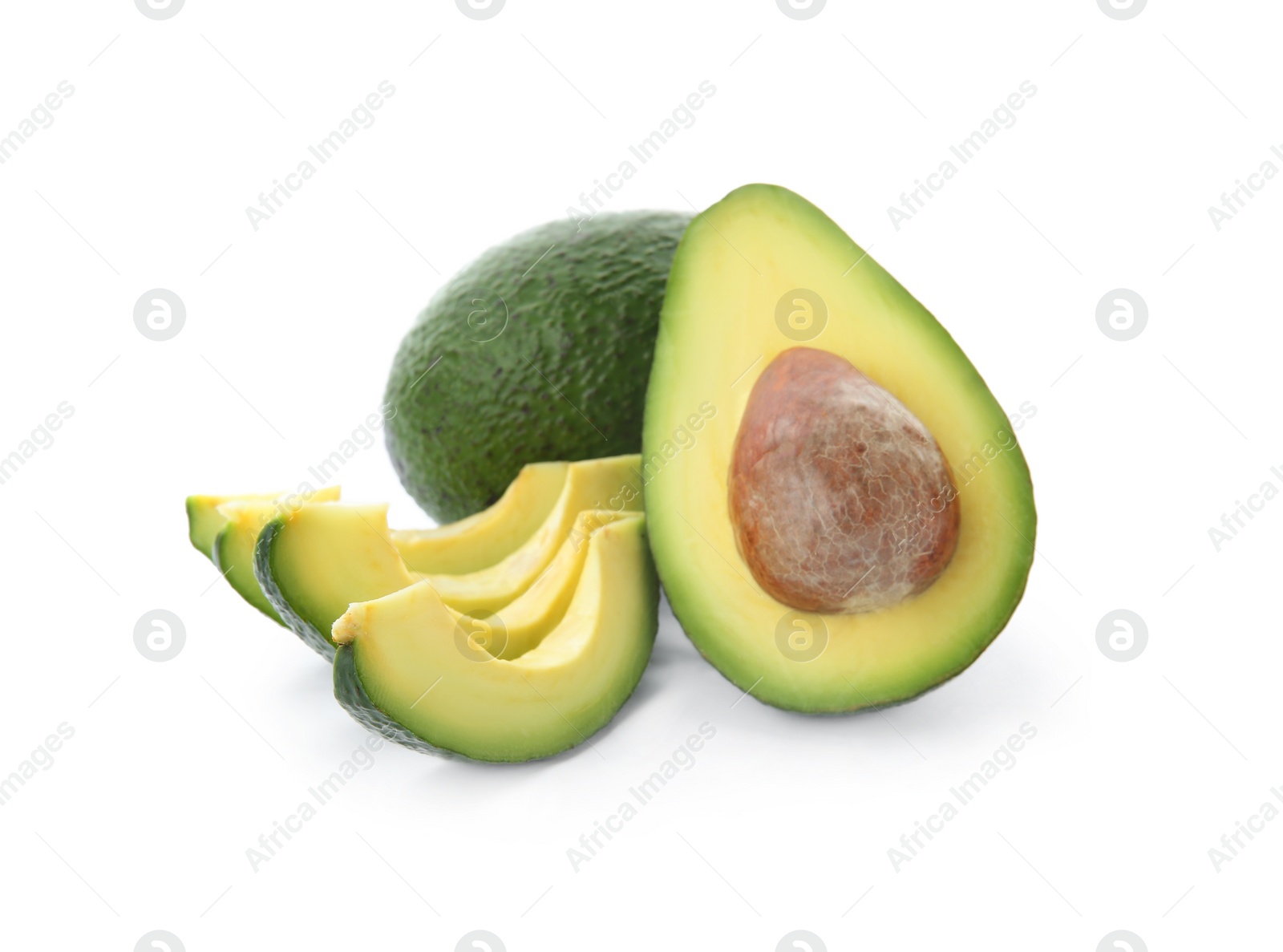 Photo of Ripe avocados on white background. Tropical fruit