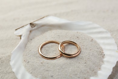 Honeymoon concept. Two golden rings and shell on sand, closeup