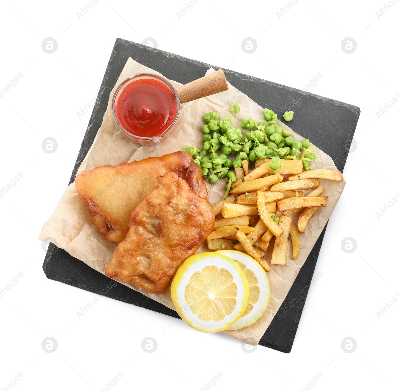 Photo of Tasty fish, chips, sauce and peas isolated on white, top view