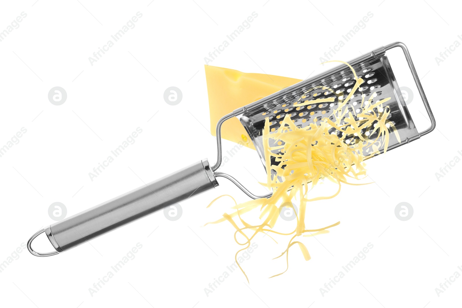 Image of Grating cheese with hand grater in air on white background