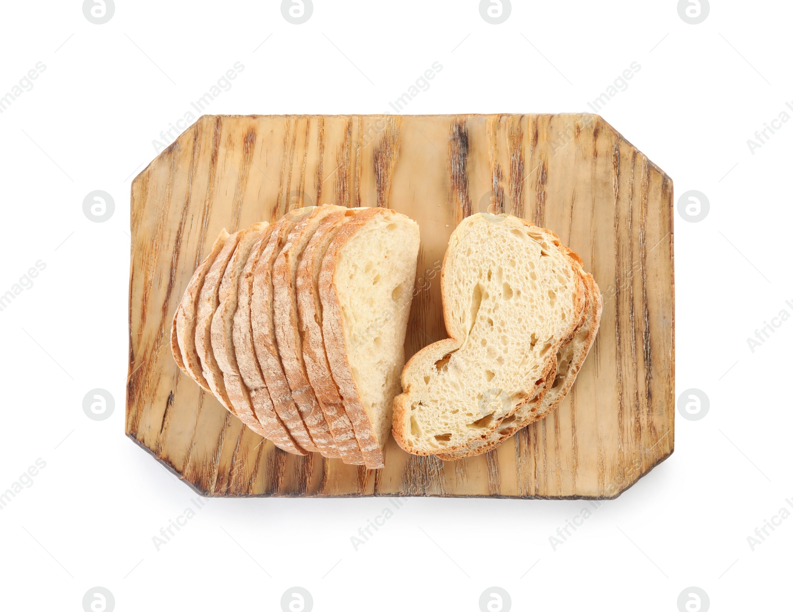 Photo of Wooden board with tasty bread on white background, top view