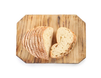 Wooden board with tasty bread on white background, top view