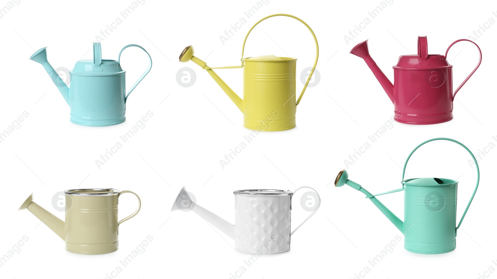 Image of Set with different watering cans on white background. Banner design