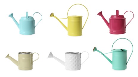 Image of Set with different watering cans on white background. Banner design