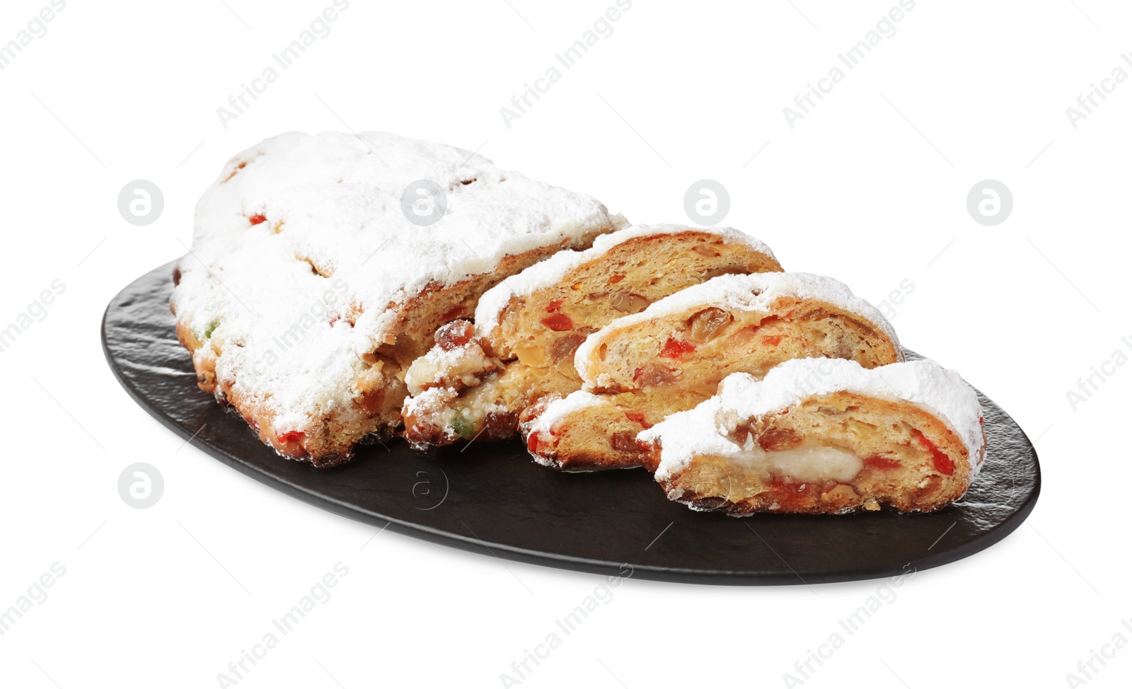 Photo of Traditional Christmas Stollen with icing sugar on white background