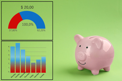 Pink piggy bank and graphs on green background