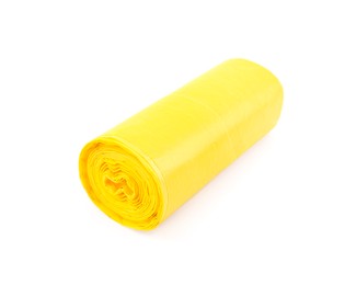 Photo of Roll of yellow garbage bags isolated on white