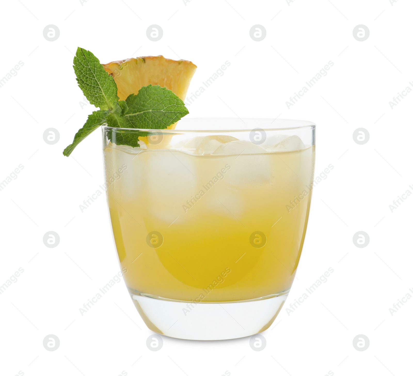 Photo of Delicious fresh pineapple juice with mint and ice cubes isolated on white