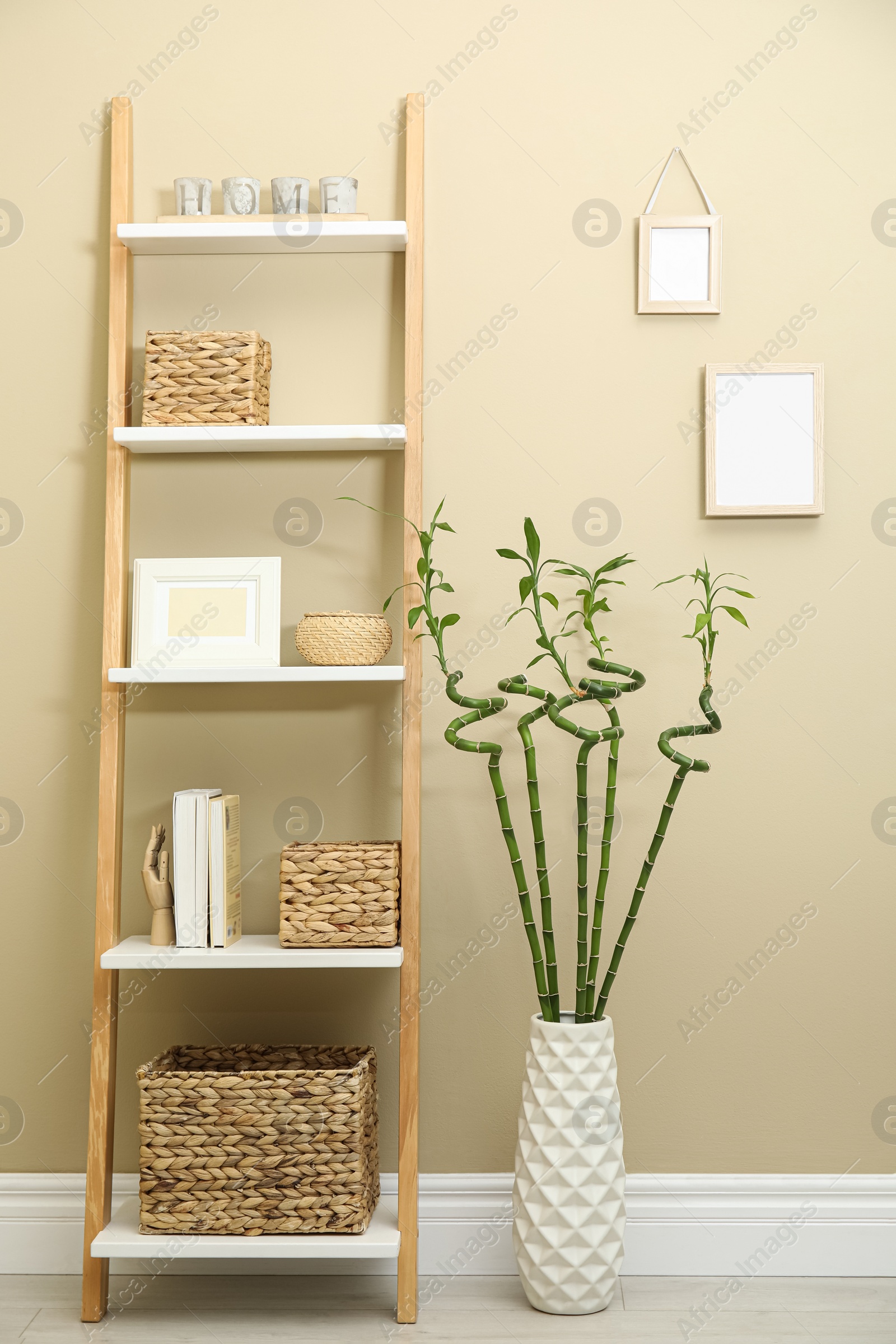Photo of Vase with green bamboo stems and decorative ladder near beige wall in room. Interior design