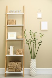 Vase with green bamboo stems and decorative ladder near beige wall in room. Interior design