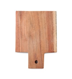 Photo of One wooden cutting board isolated on white, top view