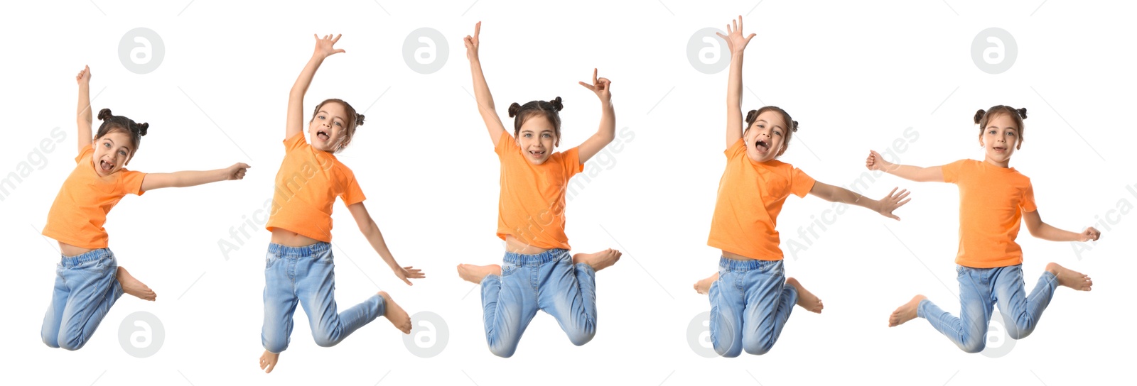 Image of Cute little girl jumping on white background, collage. Banner design