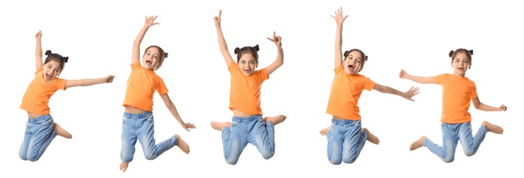 Image of Cute little girl jumping on white background, collage. Banner design