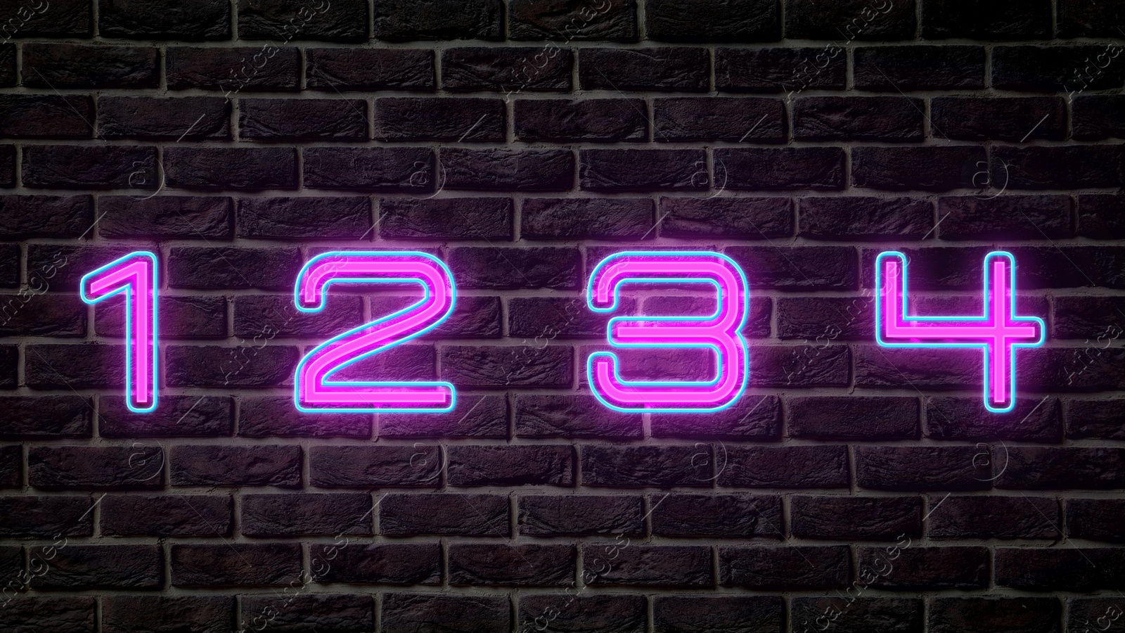 Image of Glowing neon number (1, 2, 3, 4) signs on brick wall