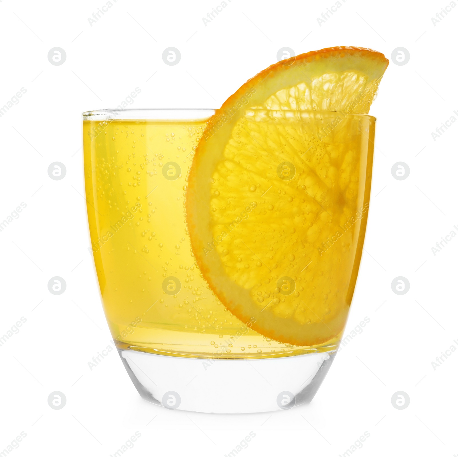 Photo of Delicious orange soda water with fruit slice on white background