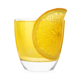 Photo of Delicious orange soda water with fruit slice on white background