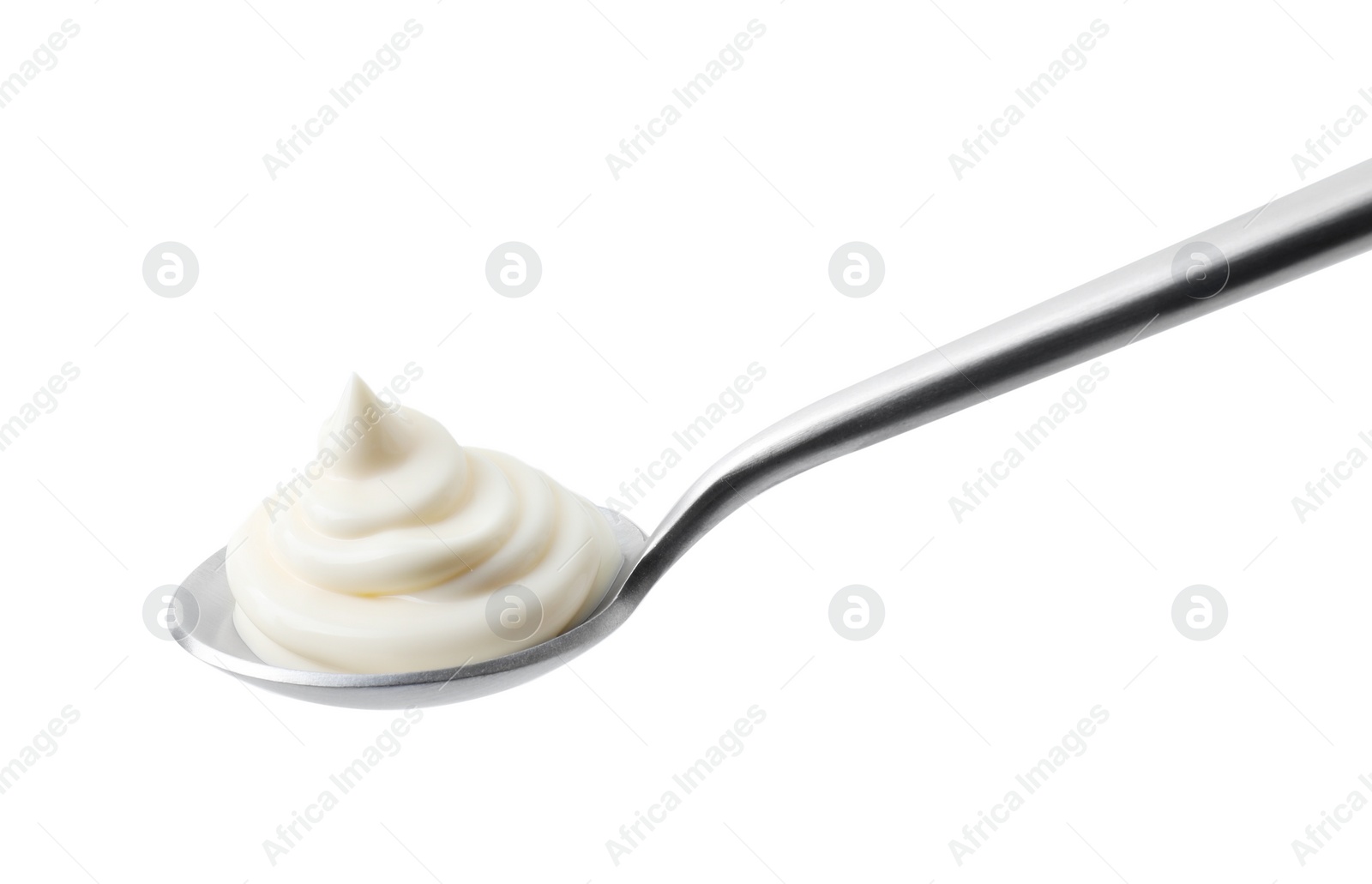 Photo of Silver spoon with mayonnaise isolated on white