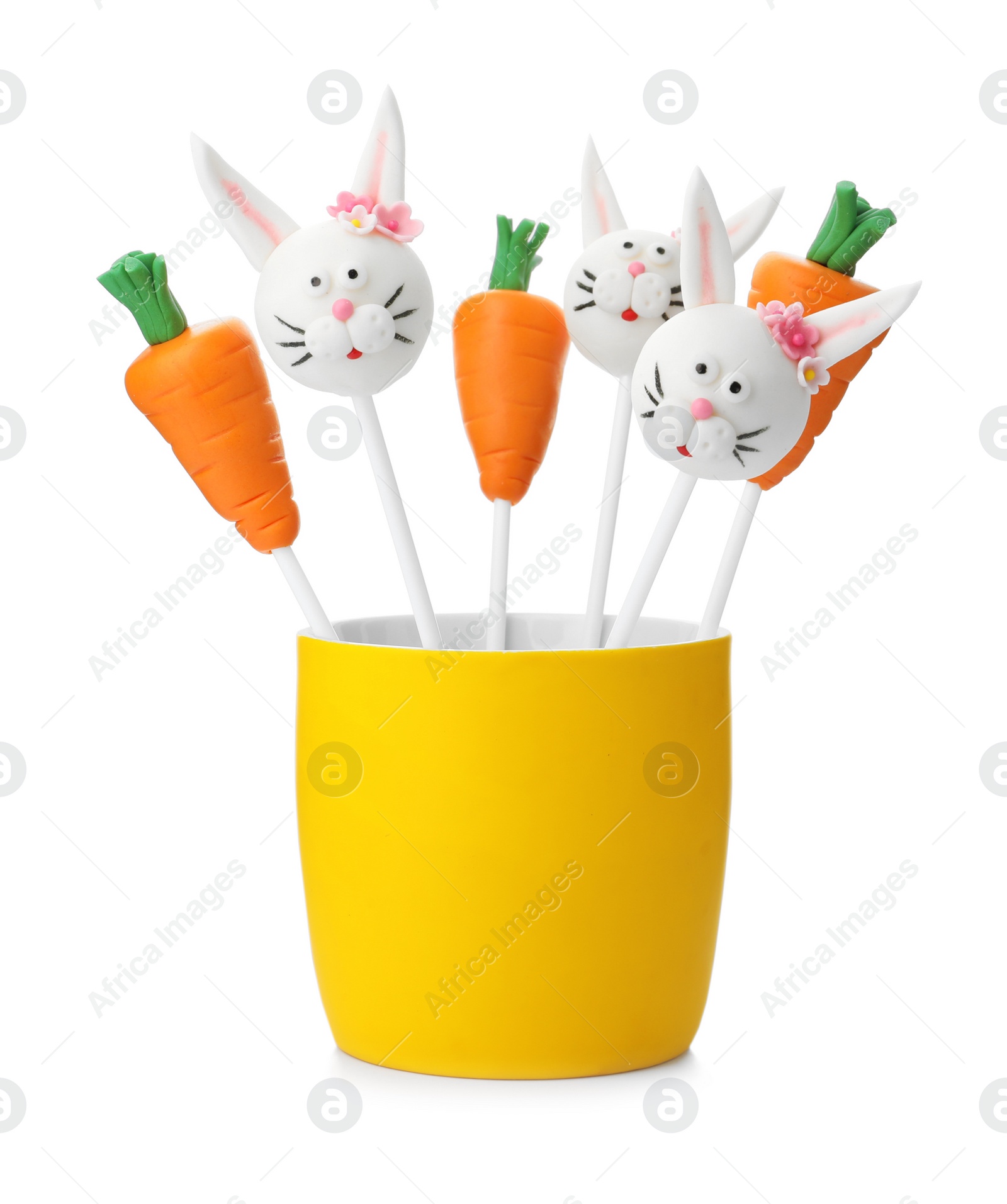 Photo of Different delicious cake pops on white background. Easter holiday