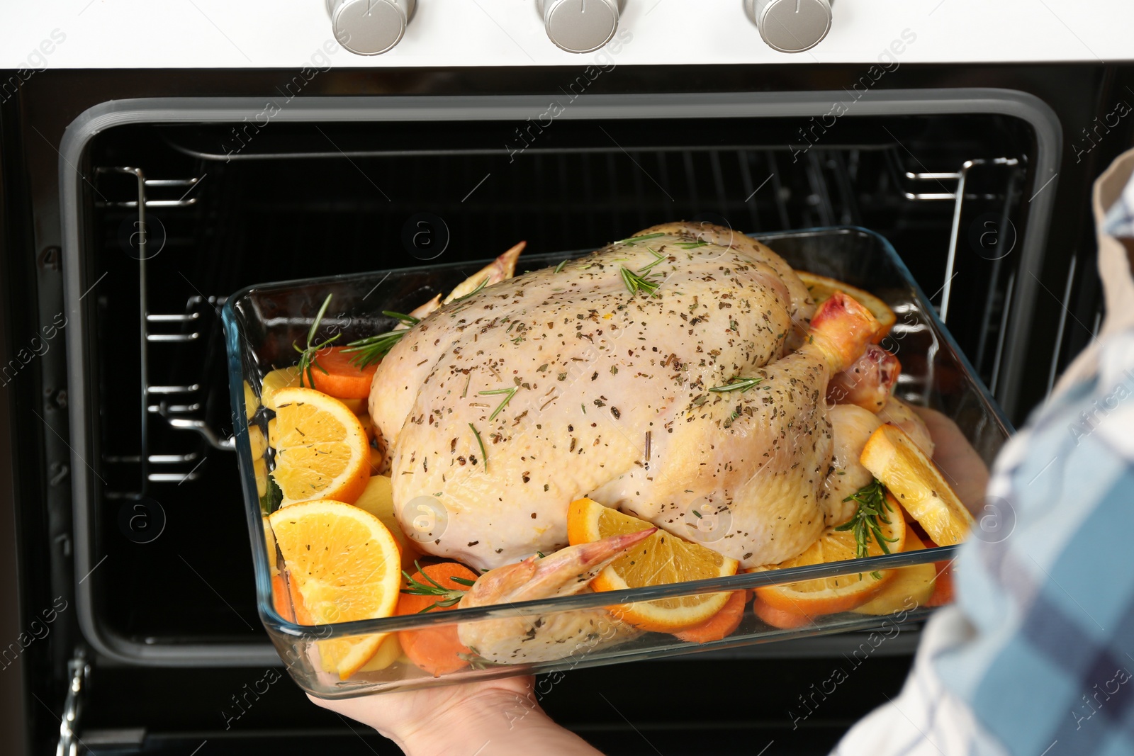 Photo of Woman putting raw chicken with orange slices into oven, closeup