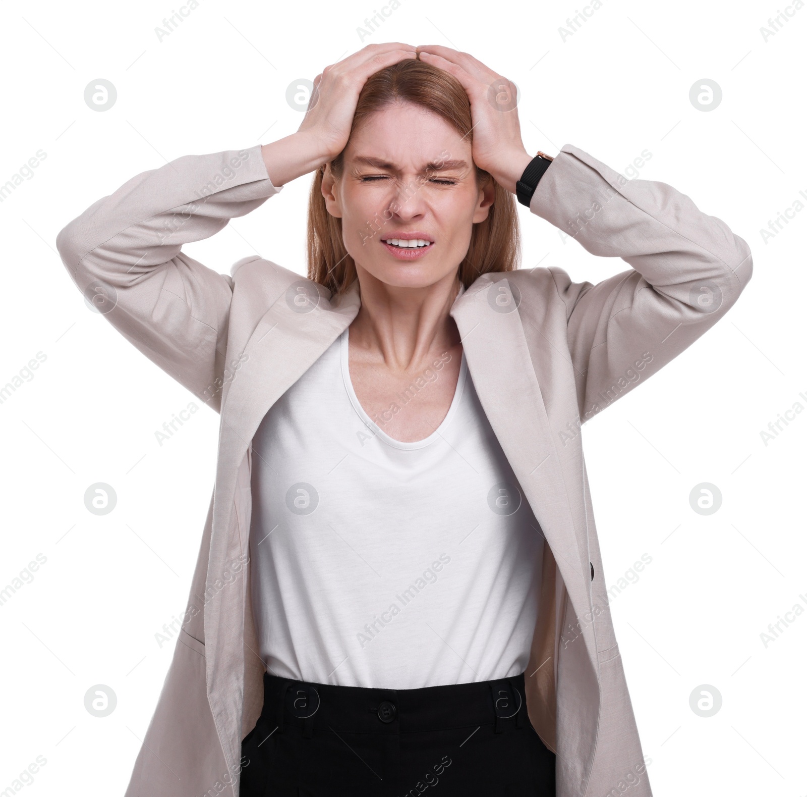 Photo of Beautiful emotional businesswoman posing on white background