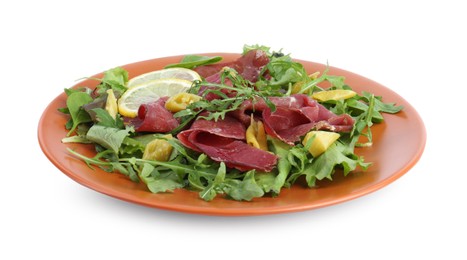 Delicious bresaola salad with arugula isolated on white