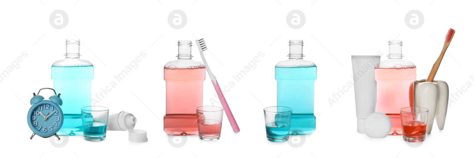 Image of Set with bottles of mouthwash and other items for teeth care on white background. Banner design